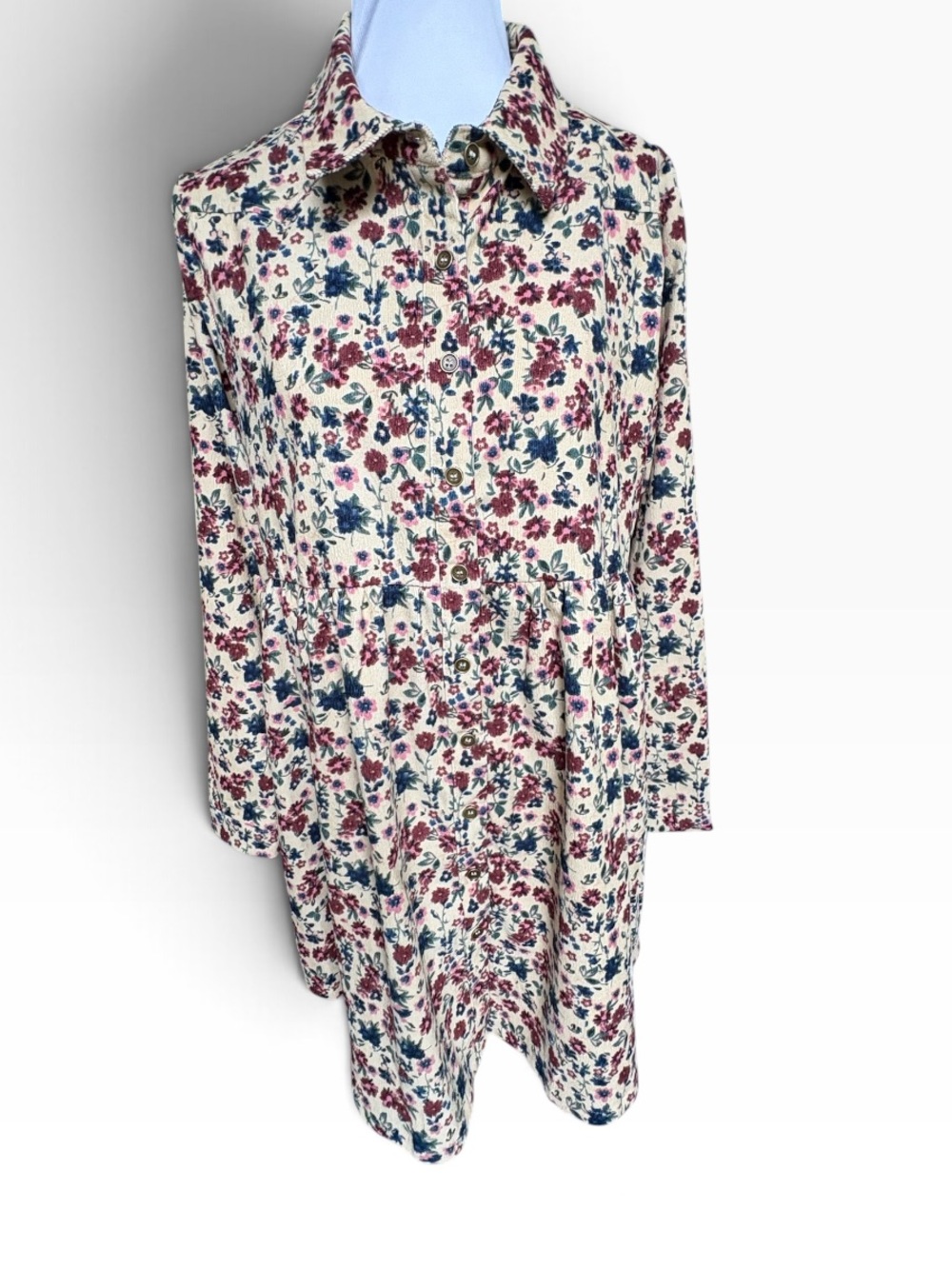 Umgee Cream Floral Button-Front Long Sleeve Dress with Red & Blue Blooms